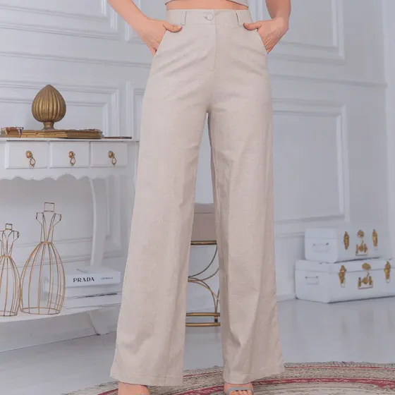 Calça Pantalona De Linho Social Elegante Cintura Alta