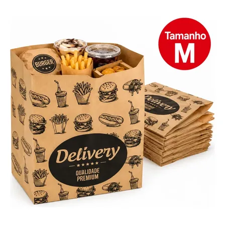 Kit 100 Sacos De Papel Kraft Pardo Impresso M Médio 20x12x28 Delivery Marmitex Lanches Hamburgueria Ifood Restaurante Padaria Embalagem Resistente Sos Premium Sem Alça Mimosidades