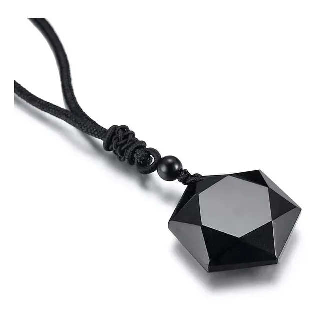 Collar Piedra Natural Obsidiana Negra Hexagrama Hombre Mujer