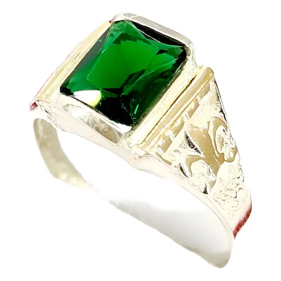 Anillo Sello Flor De Lis Plata 925 Y Oro Piedra Verde 
