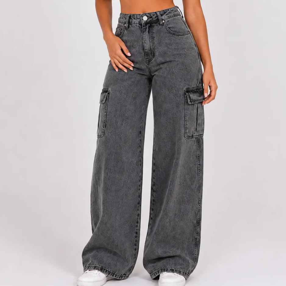 Calça Cargo Feminina Wide Leg Cintura Alta Jeans Stillger Calça Cargo Feminina Wide Leg Cintura Alta Jeans Stillger