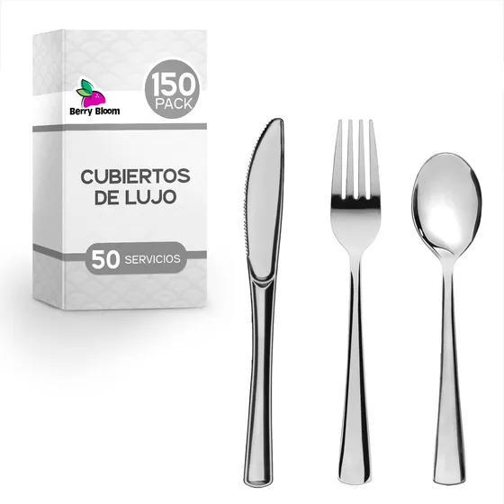Berry Bloom Set de 150 Cubiertos de Plástico Premium 50 tenedores, 50 cuchillos y 50 cucharas Elegantes, Perfectos para Cumpleaños, Banquetes, Catering, Reuniones, Fiesta, Bodas (Plata)