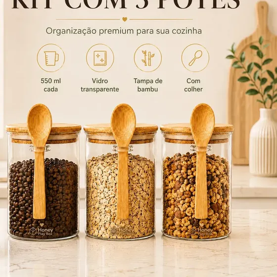 Kit 3 Potes Herméticos Vidro Borossilicato 550ml Tampa Bambu Colher Porta Mantimentos Café Açúcar Sa