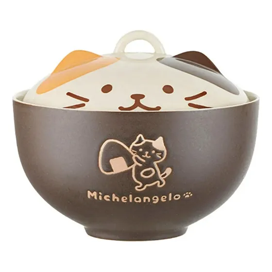 Plato Hondo Bowl Para Ramen Sopa Con Tapa Diseño Gato Kawaii Tricolor Gato
