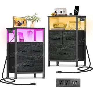 Furrific Mesita De Noche 2 Unidades Led Usb Enchufe 4 Cajones 65.5x40x30cm Negra