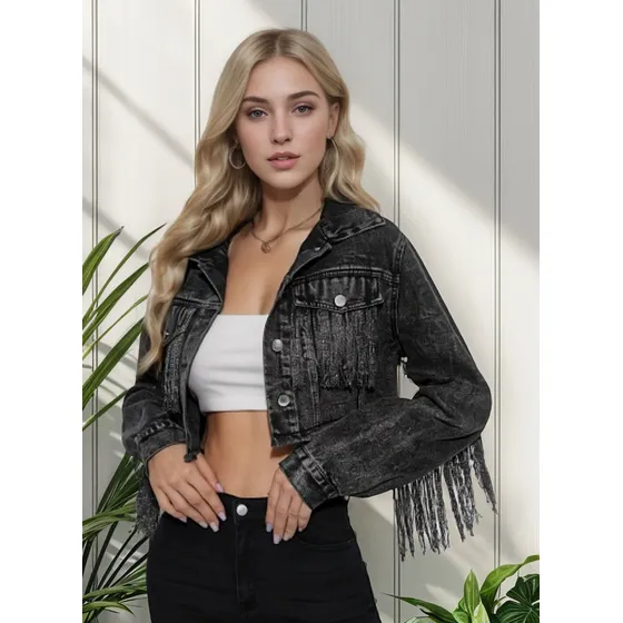 Chamarra Vaquera Desgastada Retazos Y Flecos Moda Para Mujer