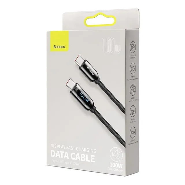 Cable Baseus Tipo C 100w Pantalla Digital 2 M Carga Rapida Color Negro