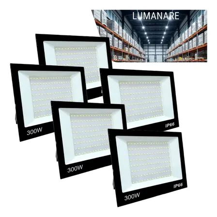 Kit Com 5 Refletor Led Holofote 300w Luz Branco-frio 6500k Resistente A Chuva Econômico Fácil De Instalar Carcaça Preta Ip66 Jardim Fachada Quintal