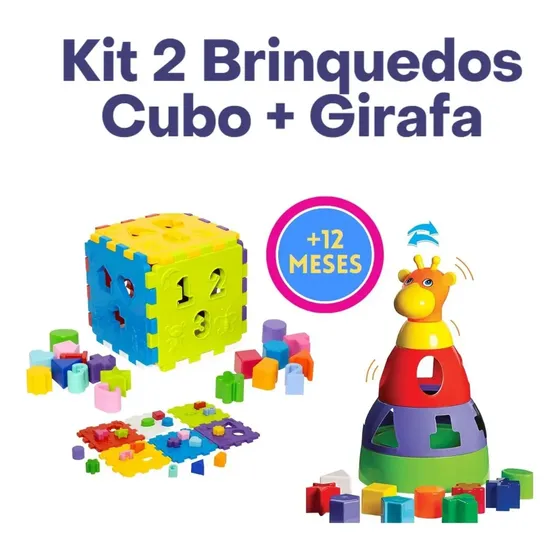 Kit Brinquedo Educativo Mercotoys Cubo Didático e Girafa Encaixe Colorido