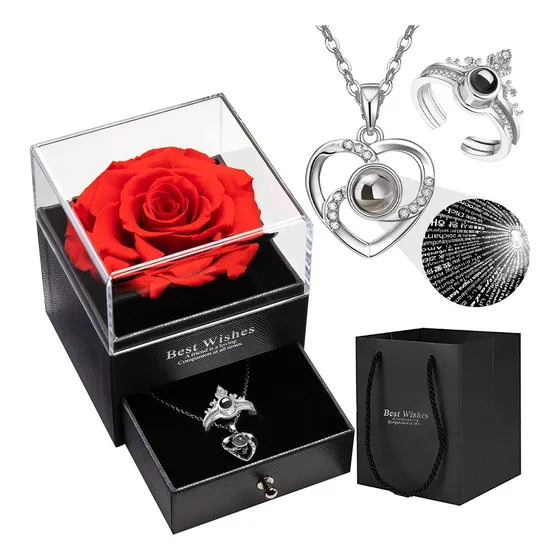 Rosas Rojas Eternas Flores Artificiales Anillos+collar Mujer AOKUN