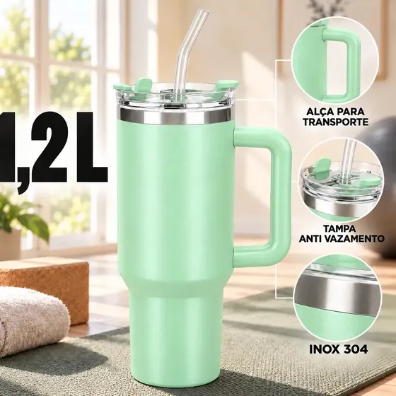 Copo Térmico SóLar de 1.2L para Bebida Gelada e Quente com Alça e Tampa Antivazamento