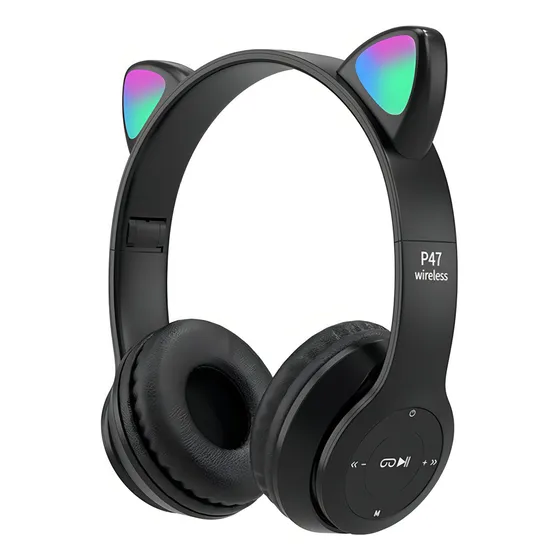 Fone de ouvido gatinho sem fio Catear D47 preto com luz rgb LED