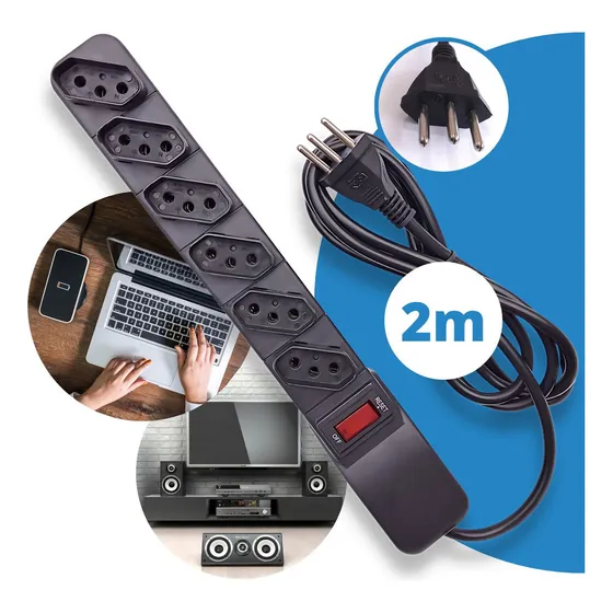Filtro De Linha Régua Extensão 6 Tomadas Protetor Elétrico Cabo 2 Metros 10a Cor Preto 127/220v Isotel