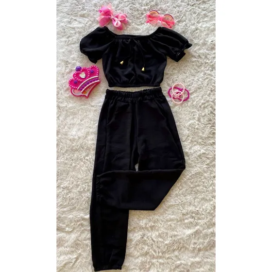 Conjunto Meninas Calça Jogger Cropped Manga Bufante Duna