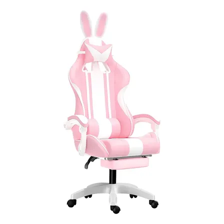 Cadeira Gamer Feminina Python Fly Gc02 Rosa Ergonômica Reclinável Com Apoio Para Pés, Altura Ajustável, Estofado Em Couro Sintético, Com Orelhas De Coelho, Suporta Até 150kg Algodão