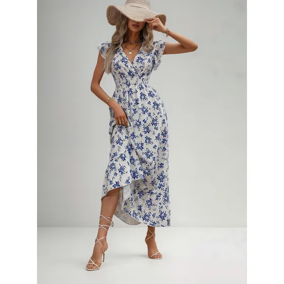 Vestido Largo Azul Con Estampado Floral Y Mangas Con Volante