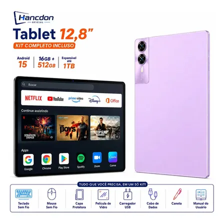 Tablet Android Tab Kit Completo Ram 16gb 512gb 12,8'' Hd Tela Apoia Wifi 2,4/4g/5g Dual Sim Bateria 8800mah Com Caneta+teclado E Mouse Profissional Estudo Trabalho Jogos 2 Em 1 Tablets Pc Lavanda