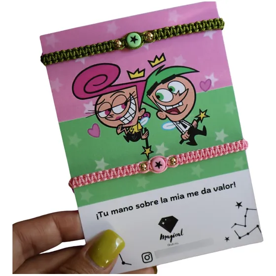 Pulseras Duo Tejidas Cosmo Wanda Verde Rosa Amistad Pareja