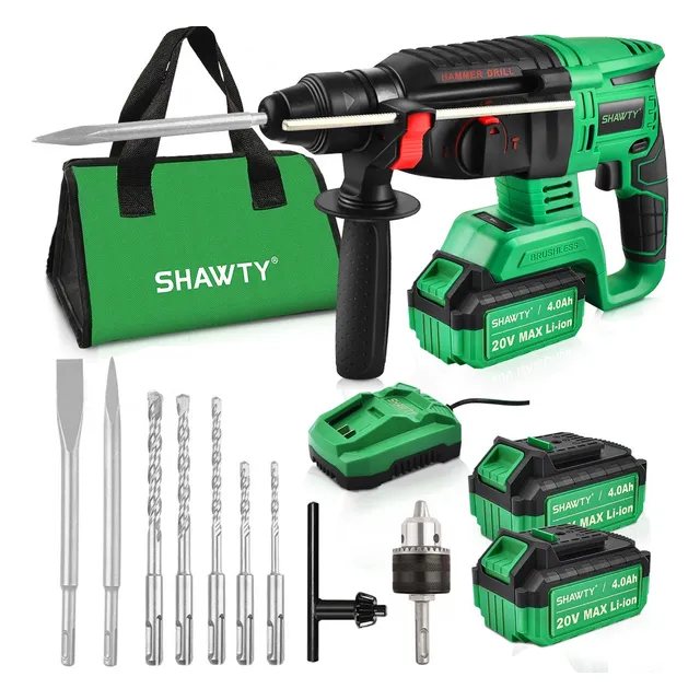 SHAWTY Rotomartillo Inalambrico, S0011B Martillos Demoledores Sds, Herramientas Eléctricas 1600W, 20V Taladro de Martillo Giratorio con 2 Baterías de 4.0 Ah Taladros de Percusión