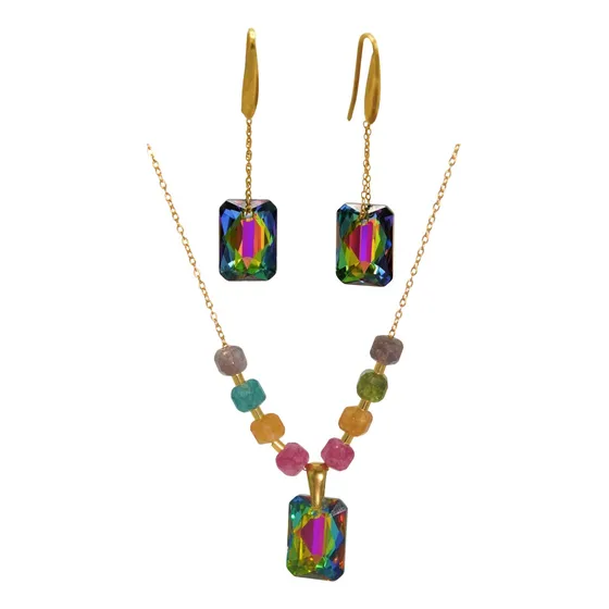 Conjunto Mia Collar Aros Cristales Austriacos Chapado En Oro Lila