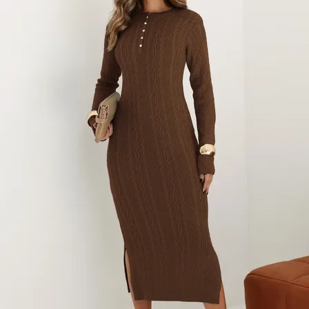 Vestido Midi Tricot Modal Manga Longa Botões Justo Inverno