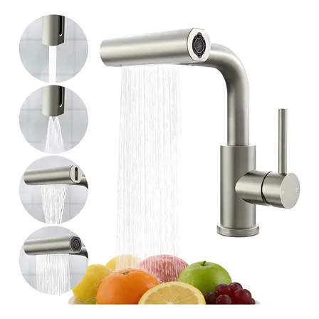 Torneira Pia De Cozinha Filtro Extensível 4 Modo Aço Escovad Prateado Fosco