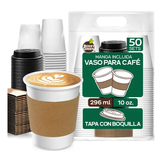 Vaso de café Berry Green térmico biodegradable de 10 oz (296 ml) con tapa y manga set de 50 piezas resistentes sin derrames ideal para bebidas calientes hogar oficina