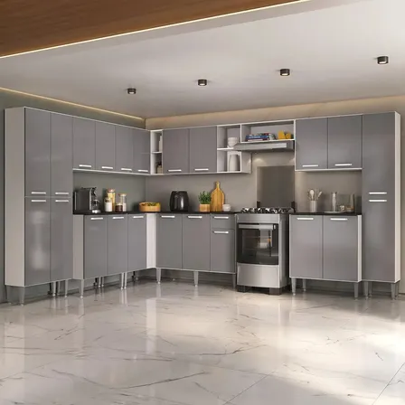Armário Cozinha Modulada Completa de Canto 534cm Pequim Pop Multimóveis MP3771 Branco/Lacca Fumê