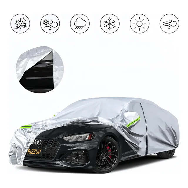 Rizzup® Cubierta Funda Protector 4.9m con cremallera lateral para Sedan tamaño mediano Anti Polvo Sol Viento Lluvia Reflejante 100% Impermeable