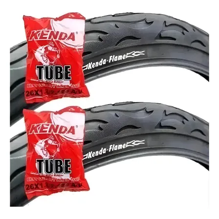 Par Pneu Bicicleta Kenda Flame Aro 26x2.125 Slick + 2 Camara Cor Preto