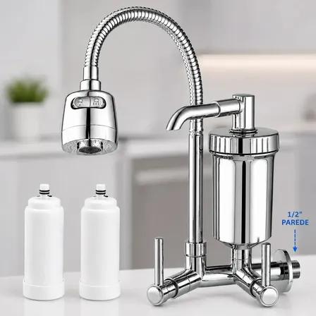 Torneira Com Filtro Gourmet Pia Bica Cozinha Parede 2 Refis Flexivel Purificador Carvao Ativo 2 Refis Prata