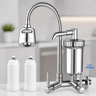 Torneira Com Filtro Gourmet Pia Bica Cozinha Parede 2 Refis Flexivel Purificador Carvao Ativo 2 Refis Prata