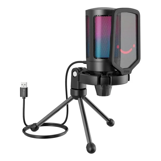 Microfone Usb Gamer Rgb Fifine Ampligame Pop Filter Tripe Cor Preto