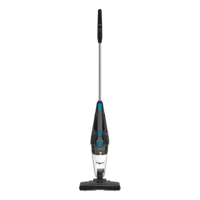 Aspirador de pó vertical Midea 2 em 1 na cor preta com detalhes em azul, exibindo seu design compacto e ergonômico