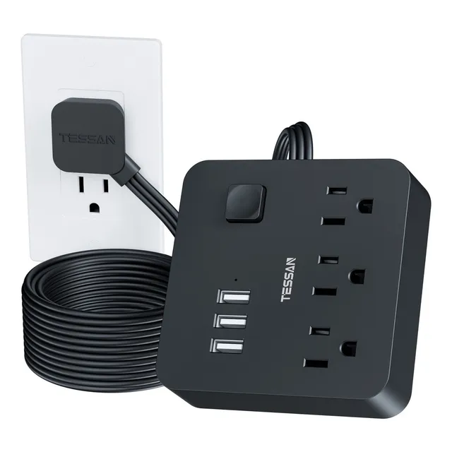Extension Electrica 3 Salidas Multicontacto Y 3 Cargador Usb 1.5 M Plana Enchufe Extensión 10A Negro