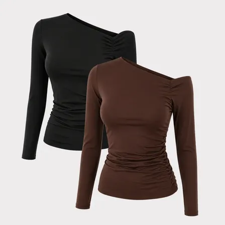 Kit 2 Blusa Suplex Feminina Manga Longa Recorte Ombro Básica Marrom E Preto Lisa Gg - (42/44)