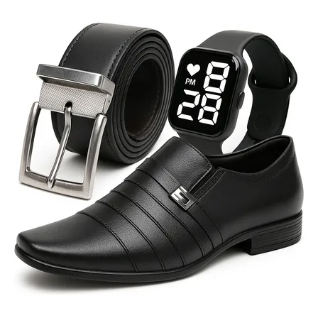 Kit Sapato Preto Fosco Social + Cinto + Relógio Digital