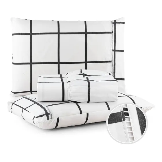 Jogo De Lençol 3 Peças Estampado Queen Box Em Tecido 400 Fios Micropercal Firme Elasticado Ponto Palito Branco Quadriculado