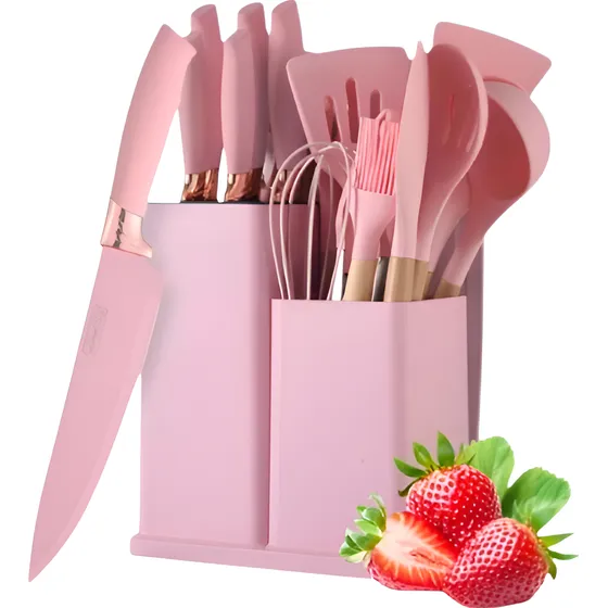 Set De 19 Utensilios De Cocina Mango Madera Punta Silicona Rosado