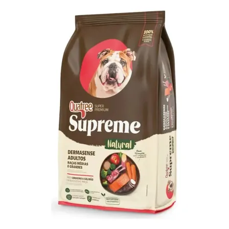 Quatree Supreme Cães Dermasense Adultos de Raças Médias e Grandes, Sabor Cordeiro e Salmão, 15 kg