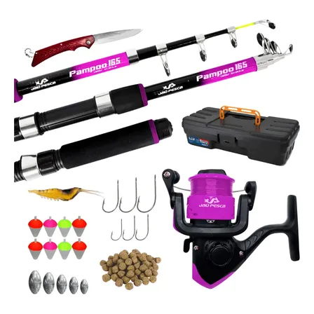 Vara De Pesca 20lbs Completa Com Molinete E Linha Jau Pesca Rosa