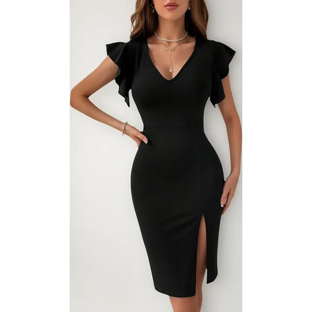 Vestido Corto Negro Elegante Negro Ajustado Con Volados