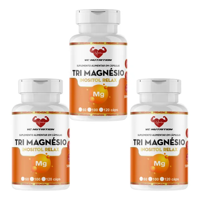 3 Potes Tri Magnésio  + Vitamina B6 + Inositol 360cps 500mg