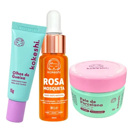 Kit Renovadores Faciais + Óleo De Rosa Mosqueta Kokeshi Com Óleo do arroz Farinha do arroz Óleo de rosa mosqueta Pantenol Óleo de amêndoa doce Chá verde e sálvia