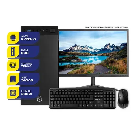 PC Home Completo MLC, AMD Ryzen 3 3200G, Radeon Vega 8, 8GB DDR4, SSD 240GB, Periféricos + Monitor