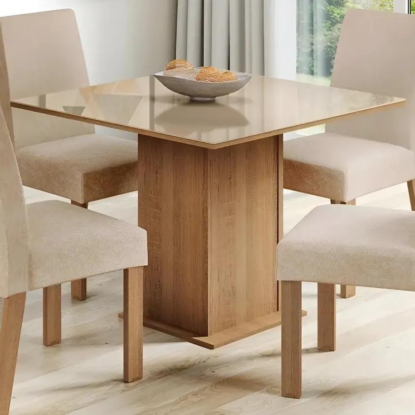 Sala De Jantar Estofada Madesa Evelin Mesa Tampo Vidro Com 4 Cadeiras Cor Rustic/Crema/Imperial MDJA0401037GSIM
