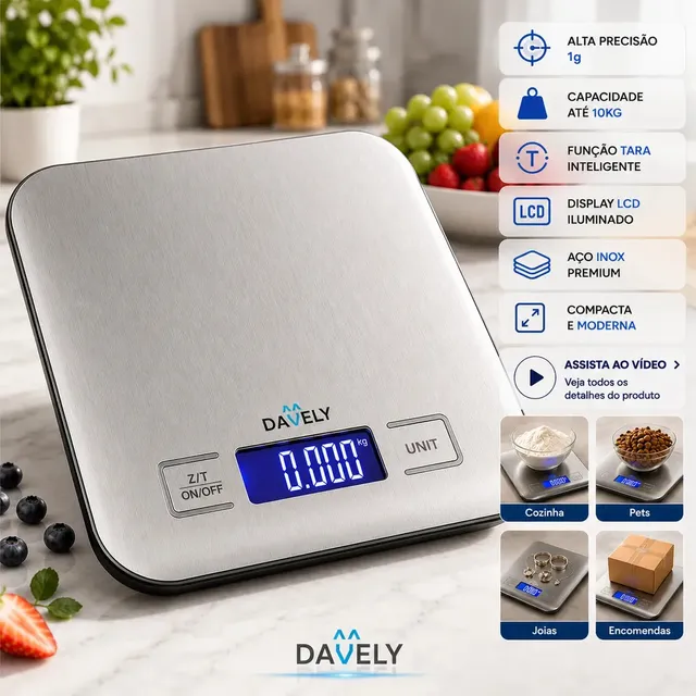 Balança Digital Cozinha 10kg Touch Alta Precisão Portátil Balança de Cozinha Profissional Para Pesar Alimentos Confeitaria Dieta Fitness Nutricional Eletrônica Display LCD Aço Inox Função Tara Davely