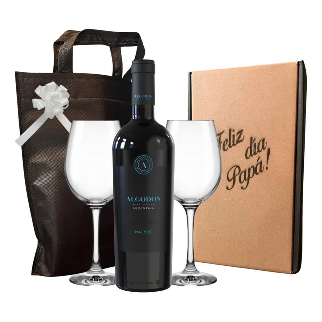 Vino Algodon Black Malbec + Copas. Estuche Grabado Regalo