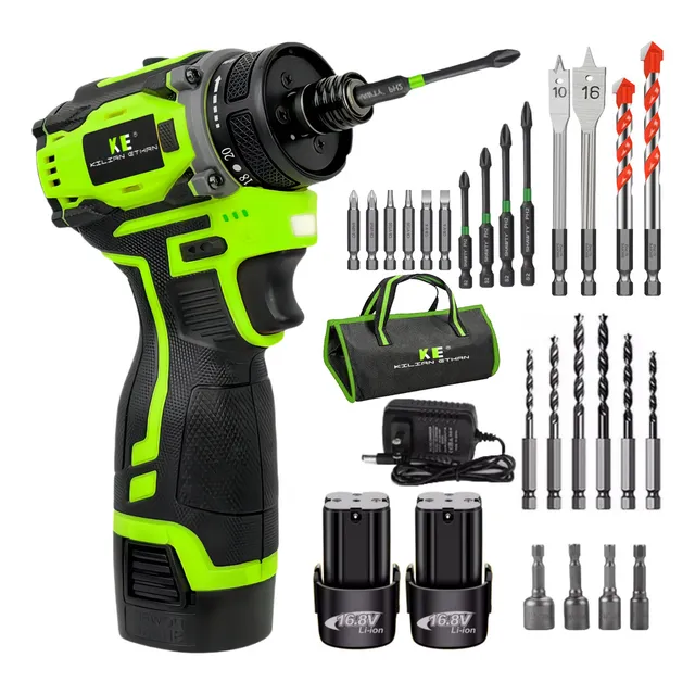 Atornillador de Impacto Inalámbrico 16.8V Sin Escobillas + 2 Baterías | Taladro Eléctrico Kilian Ethan KE956 | Brocas Concreto Madera + Puntas Profesionales Kit 15pzs 15pzs | Herramienta Negra/Verde