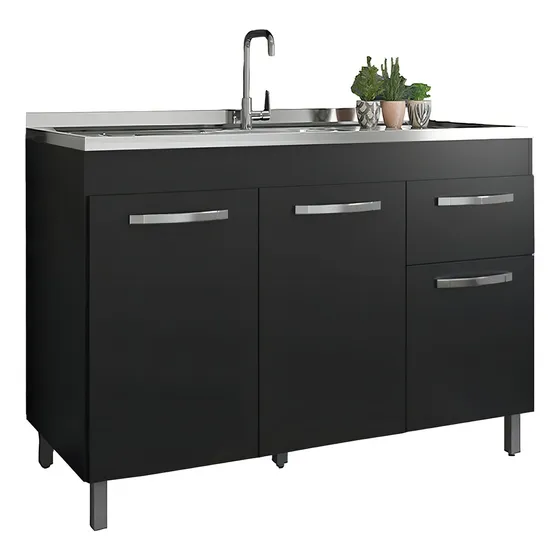 Balcão De Pia 120cm Gabinete Cozinha Armário Sem Tampo Cor Preto
